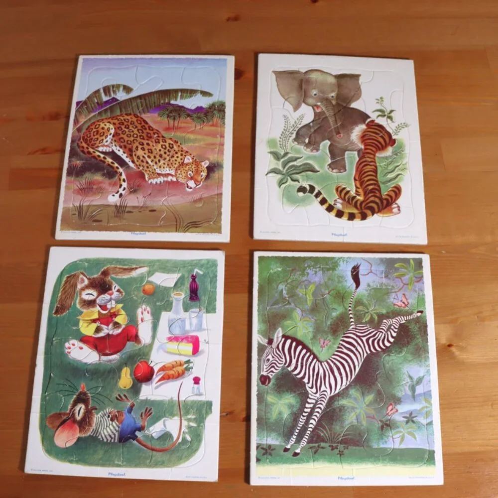 Set of 4 Vintage Playskool Wooden Animal Puzzles Golden Press 80 Series